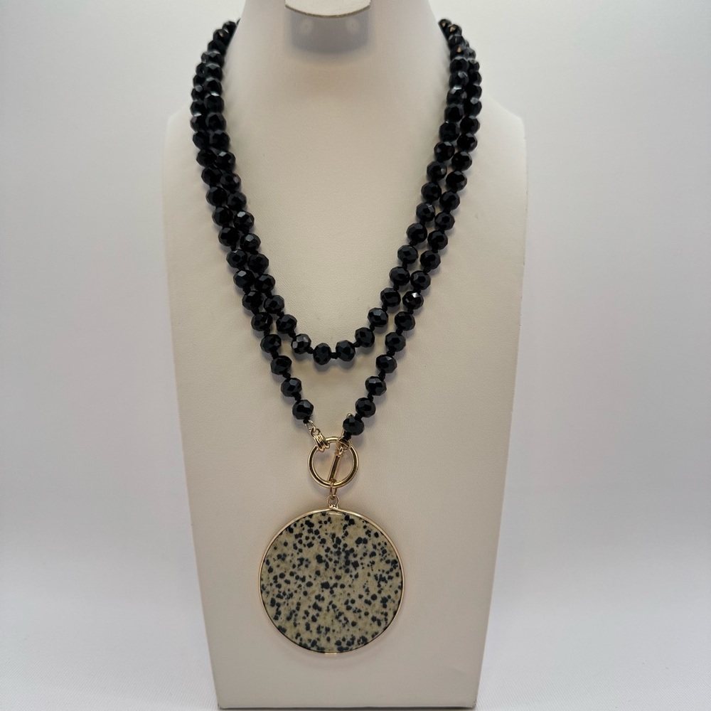 Dalmatian Jasper Pendant Necklace 38.5” Black Glass Beaded Long Statement